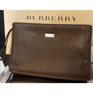 Burberry Logo Plate Saffiano Clutch Wristlet Bag Brown